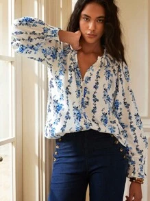 Écloséra 女式印花褶皱全扣长袖衬衫