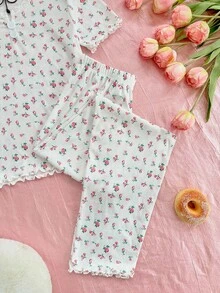 SHEIN 女童碎花蕾丝花边圆领短袖睡衣套装 - 白色 - 查看 6