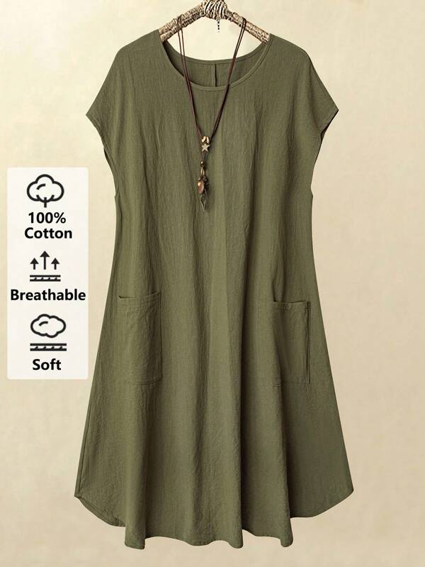 Rusticease Abito casual verde militare con tasche da donna taglia forte, scollo tondo, maniche corte, adatto per vacanze estive