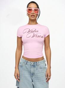 SUMWON WOMEN Video Áo thun trẻ em Vixen Retro Y2K Crop Top thời trang Áo thun họa tiết bó sát phong cách đường phố Lễ hội mùa hè Câu lạc bộ Tiệc tùng - Màu Hồng baby - Xem 10