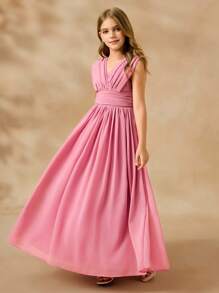 SHEIN Tween Girls' Solid Color Pleated V-Neck Sleeveless Party Dress - Baby Pink - View 3
