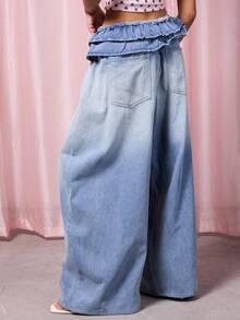 COUREZ 宽松气球牛仔裤，荷叶边裤脚/Y2K夏季女装下装，低腰牛仔裤 - 淺色水洗藍 - 查看 7
