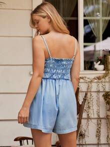 WESTFADE 褶饰方领无袖修身喇叭棉混纺牛仔连体衣夏季牛仔女郎纳什维尔度假装 - 淺色水洗藍 - 查看 6