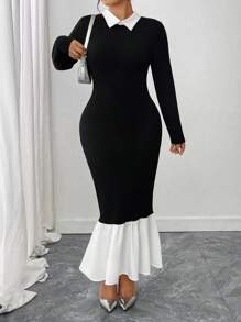 Elenzga Plus Size Elegant Color Block Patchwork Fishtail Dress