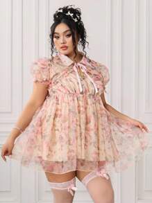 ROMWE EDITION Plus Size Retro Palace Romantic Doll Dress With Puff Sleeves, Satin Ribbon & Bow Decor 2 Pieces Set - Multicolor - View 4