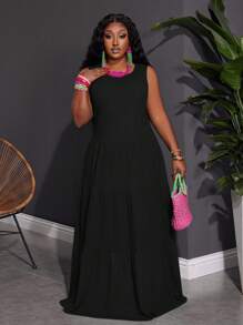 Slaydiva 大码夏季纯色圆领简约吊带背心连衣裙