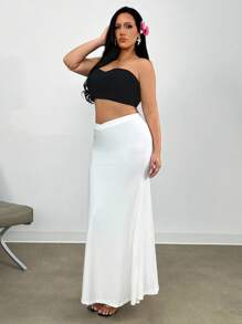 Firerie Plus Size Elegant Office Commute High Street Personalized Occasion Maxi Skirt, Wedding Season, Romantic Date, Music Festival, Dinner Party, V-Neck, Bodycon Fit, Solid White, For Back To School - White - View 4