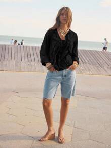 Aralina 荷叶边 V 领长袖前系带衬衫 - 黑色 - 查看 4