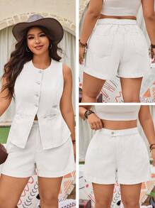 EMERY ROSE Quần short denim đơn giản thường ngày cỡ lớn cho nữ, trang phục phương Tây - trắng - Xem 1