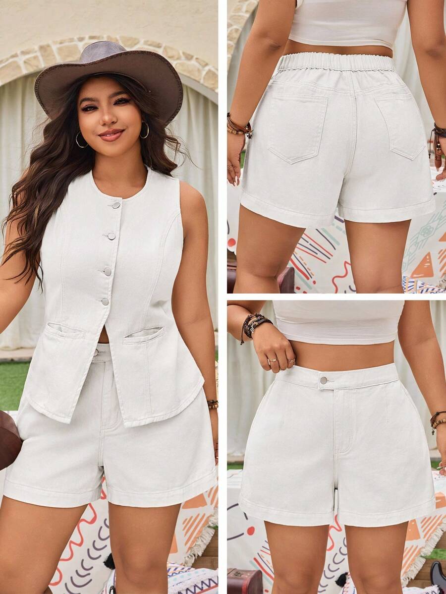 EMERY ROSE Quần short denim đơn giản thường ngày cỡ lớn cho nữ, trang phục phương Tây - trắng - Xem 1
