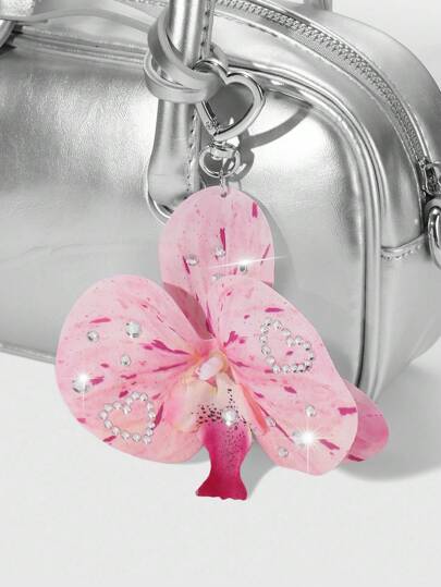 Kawaii 1pc Ins Style Nature Sweet Minimalist High-Quality Pink Acrylic Rhinestone Butterfly Orchid DIY Keychain/Bag Charm, Suitable For Women & Girls As Daily Accessory Or Festival Gift