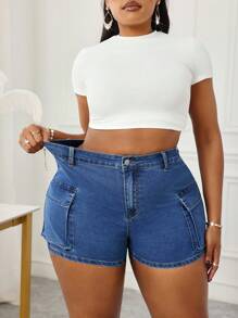 SHEIN Lady New Arrival Plus Size Denim Shorts Three-Dimensional Pocket High Waist Blue Autumn Clothing French Casual Outing Clothing Vacation Outfits Woman Back To School  Old Money Style Women