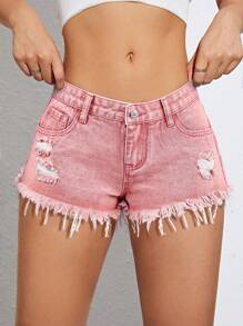 SHEIN EZwear Pantaloncini di jeans estivi alla moda da donna, con orlo sfrangiato e effetto vissuto