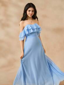 SHEIN Elegant Wedding Flower Girl Dress, Chiffon Ball Gown Dress For Teens, Middle-Large Children, Girls Formal Party Dress, Navy Blue - Blue - View 4