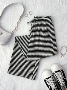Teen Girls' Rib-Knit Striped Drawstring Waist Slim Fit Casual Pants Fall Winter - Black and White - View 8