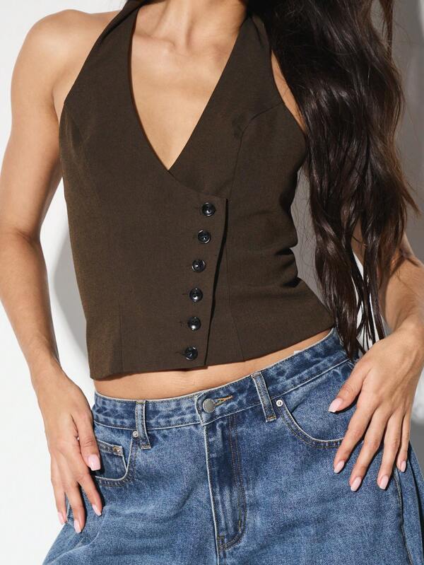 KIZN Button Front Halter Waistcoat Crop Top Fall Winter Fashion Vest Classic Modern
