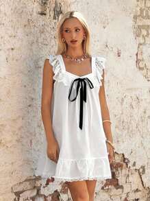 SHEIN ICON Women White Babydoll Dress Lace Contrast Color Bow Decor Mini Dress - White - View 5