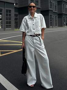 DAZY 2pcs Set Women's Cargo Denim Outfit, Short Sleeve Jacket & Wide Leg Pants, Stylish - White - View 8