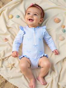 Baby Girl Striped Bow Printed One-Piece Swimsuit With Zipper Baby Beach Clothes Baby Girl Clothes Spring Baby Spring Outfits Spring Baby Girl Clothes Baby Clothes For Girls