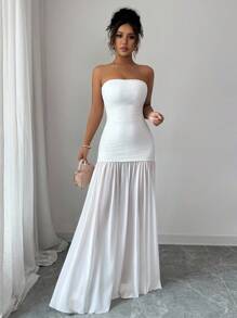 Selianne 女士优雅浪漫简约精致拼接无袖A字连衣裙 - 白色 - 查看 1