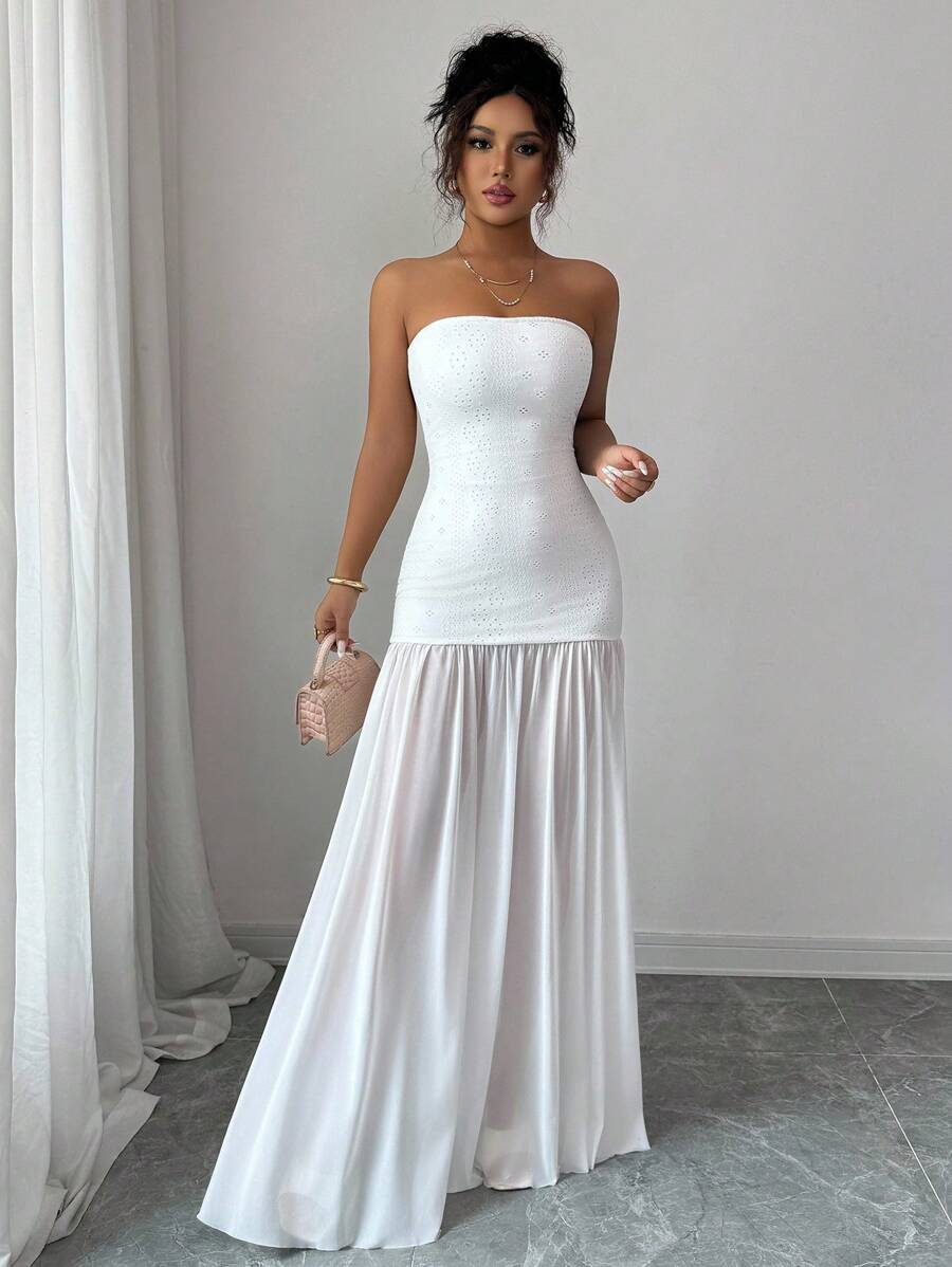 Selianne 女士优雅浪漫简约精致拼接无袖A字连衣裙 - 白色 - 查看 1