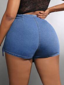 SHEIN SXY Plus Size Asymmetric Denim Shorts, Summer Casual