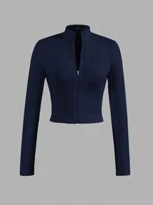 Slaydiva 1 件女式弹力修身拉链 V 领长袖休闲外套，基本款秋冬外套 - 藏蓝色 - 查看 1