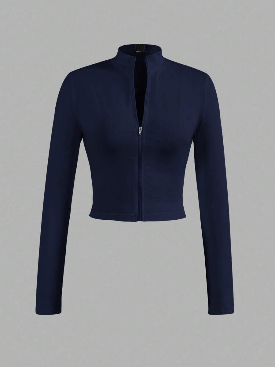 Slaydiva 1 件女式弹力修身拉链 V 领长袖休闲外套，基本款秋冬外套 - 藏蓝色 - 查看 1