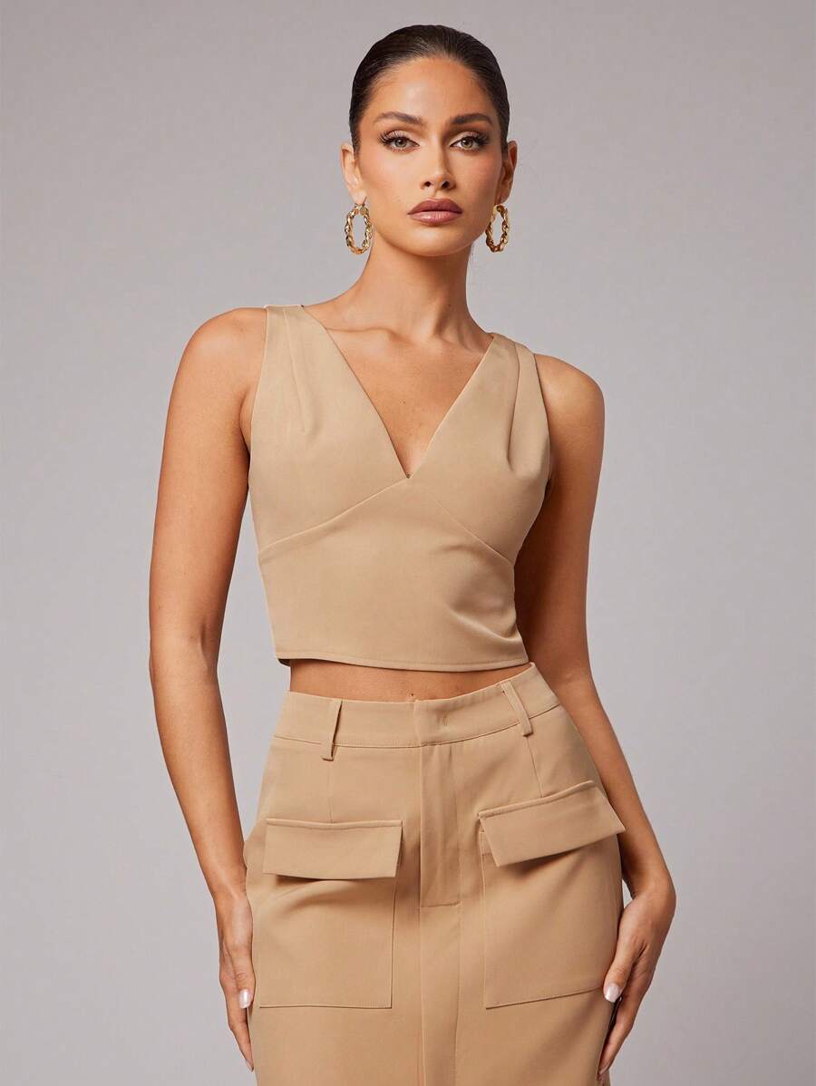 Silquee Women's Elegant Office Camel Summer Business Casual Khaki V-Neck Sleeveless Vest & Mid-Length Cargo Pocket Front Slit Skirt Suit Sets,Slim Woven Suits - Khaki - View 1