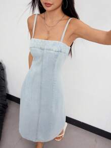SHEIN ICON Solid Color Casual Slim-Fit Summer Fashion Strap Denim Dress - Light Wash - View 7