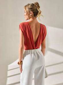 CLARA VERO Body con escote pronunciado, fruncido, de color naranja quemado, de estilo elegante y casual