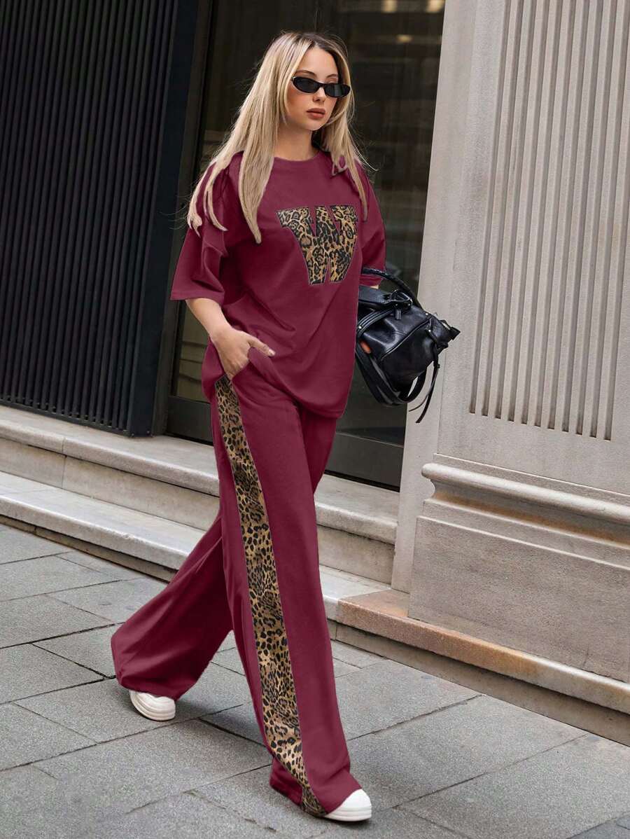 EURMUSE Woman Solid Color Leopard Patch Detailed Short Sleeve Drop Shoulder Top T-Shirt And Side Leopard Panel Detailed Wide Leg Sweatpants 2 Pieces Outfits Co Ords Weekend Outfit Relax Comfy Leisure - Burgundy - View 1