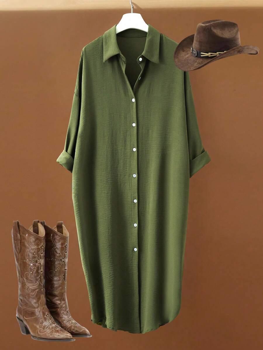 LanaWest Women's Pleated Drop Shoulder Button-Up Long Shirt Fall Cloth For Women - Dark Green - View 1