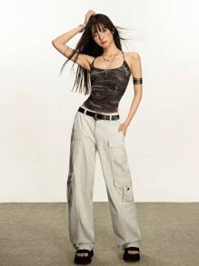 Rina Fox Jeans cargo casuales de ajuste ceñido con bolsillos parche de unicolor - Albaricoque - Ver 6