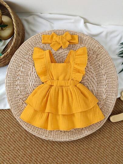 SHEIN Baby Girl Newborn Ruffle Trim Layer Hem Dress With Accessory Headband