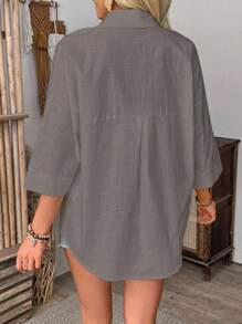 Breezaya Women's Solid Color 3/4 Sleeve Single-Breasted Casual Loose Shirt For Summer