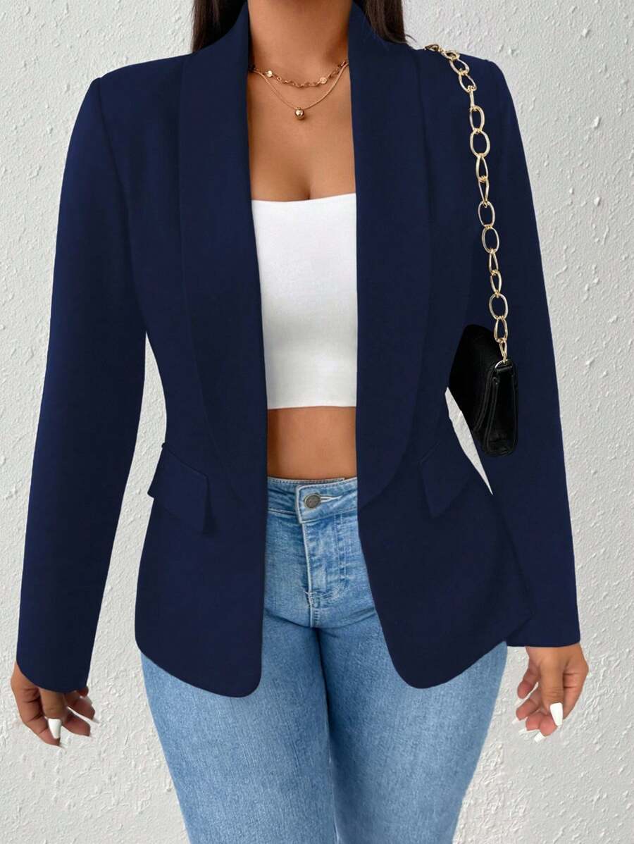 SHEIN PETITE Plus Size Simple Drawstring Collar Thin Blazer Jacket Fall Cloth For Women Autumn - Navy Blue - View 1