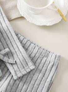 Babygirl Cute Grey Knitted Casual Long Sleeve Top And Elastic Waist Pants Set, Autumn/Winter Fall