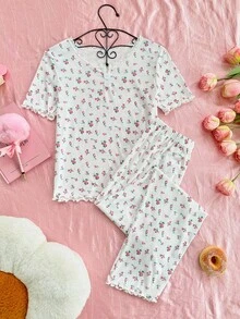 SHEIN 女童碎花蕾丝花边圆领短袖睡衣套装 - 白色 - 查看 1