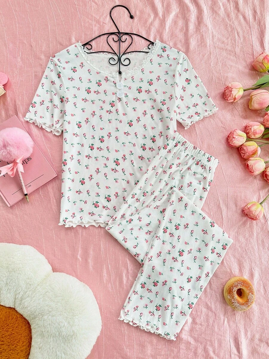 SHEIN 女童碎花蕾丝花边圆领短袖睡衣套装 - 白色 - 查看 1