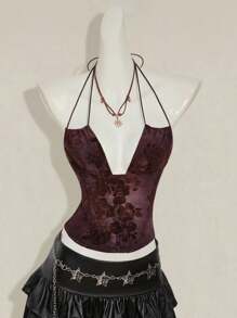 SHEIN ICON Women's Retro Green Flocked Jacquard Deep V-Back Criss-Cross Strap Sexy Backless Tank Top - Burgundy - View 8