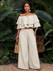 SHEIN Lady Conjunto elegante e casual boho para primavera e verão, em tons de damasco, para praia e praia, com tecido texturizado e sem alças, em tamanhos grandes. - Damasco - Ver 5