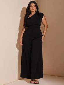 SHEIN BAE 大码女式纯黑色不对称肩部修身阔腿连体裤，优雅的日常外出装，约会，旅行，派对，聚会，礼服，秋季女装，秋季，返校，Y2k 女装，夜间外出/外出，女士约会夜装，机场旅行装