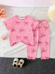 SHEIN 2 件套女婴可爱甜美时尚舒适柔软针织蝴蝶结图案撞色罗纹设计圆领短袖 T 恤上衣和紧身裤，粉色 OOTD 套装，适合春夏季室内外 - 粉色 - 查看 10