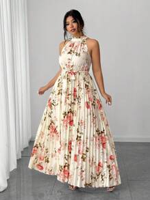 Elenzga 加大码女式优雅浪漫碎花露背百褶宽松腰部长裙