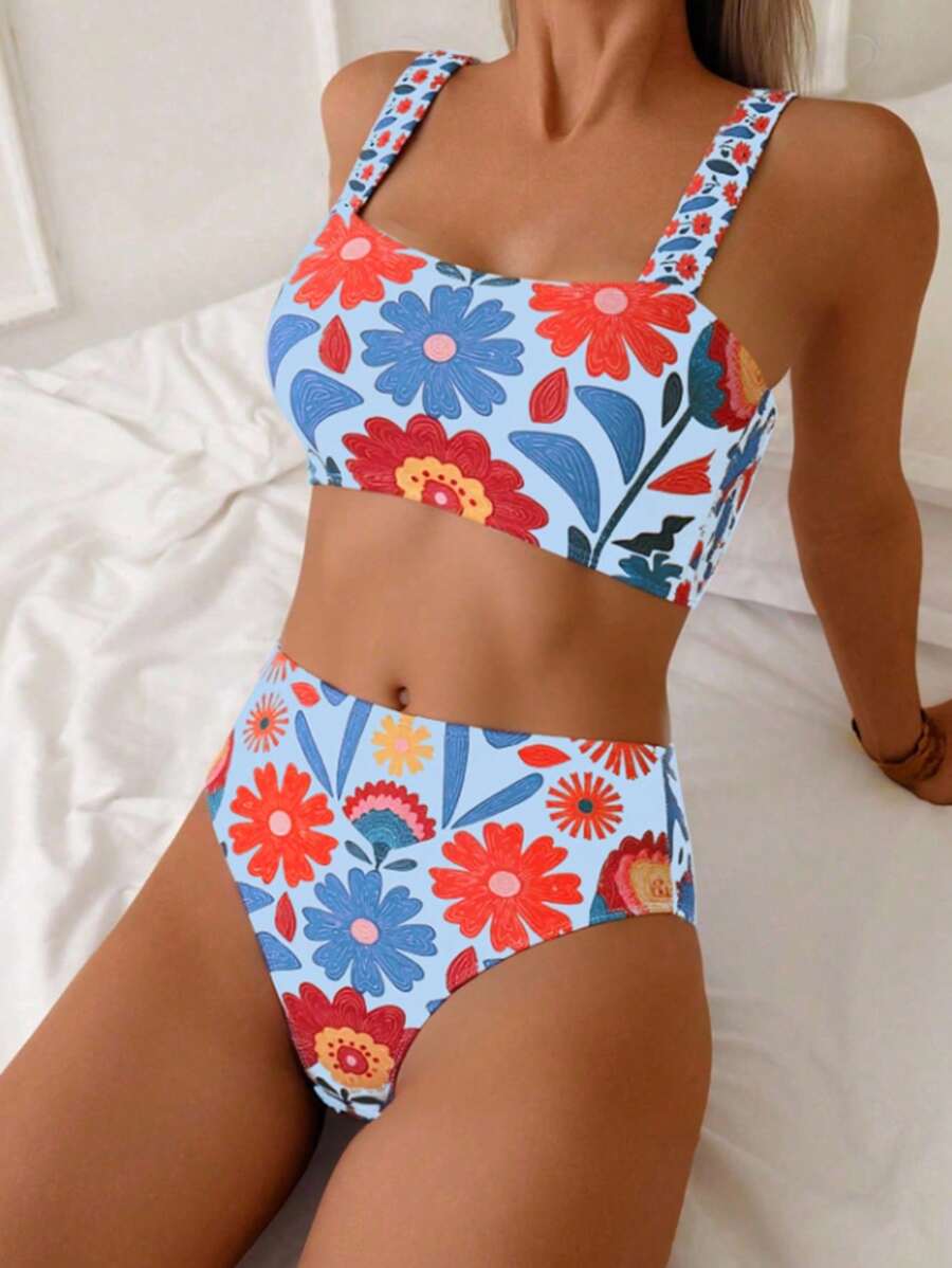Swim Vcay Traje de baño de 2 piezas de mujer de cintura alta con pantalones cortos de impresión aleatoria, de correas anchas y ajustado, para verano, sexyi, de vacaciones y playa