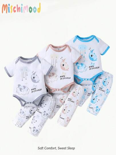 3pcs/Set Baby Boy Koala Elephant Cloud Pattern Short Sleeve Romper With Long Pants Home Outfits