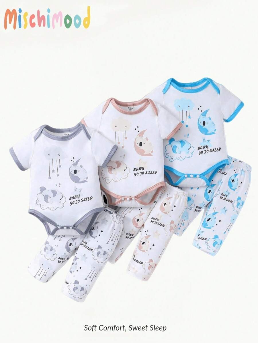 3pcs/Set Baby Boy Koala Elephant Cloud Pattern Short Sleeve Romper With Long Pants Home Outfits - Multicolor - View 1