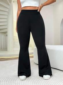 SHEIN CURVE+ 大码女式高腰喇叭休闲黑色裤，百搭/秋冬 - 黑色 - 查看 6