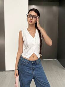 SHEIN Áo không tay cổ chữ V thoải mái, vừa vặn cho bé gái tuổi teen, viền áo bất đối xứng - trắng - Xem 8